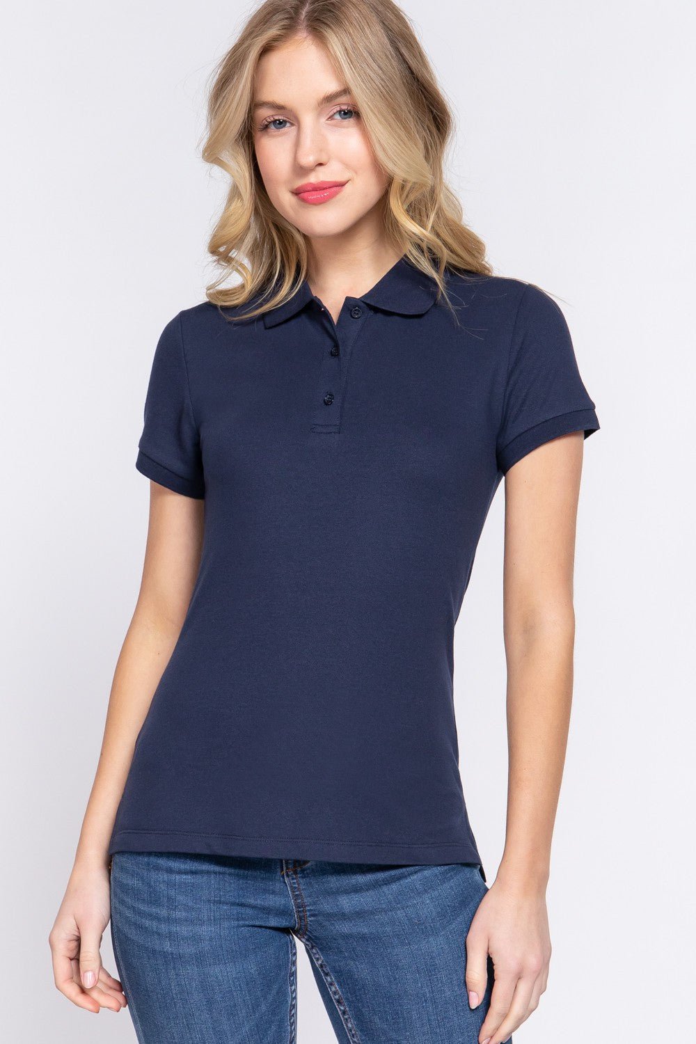 ACTIVE BASIC Full Size Classic Short Sleeve Polo Top - Top - NAVY - Bella Bourget