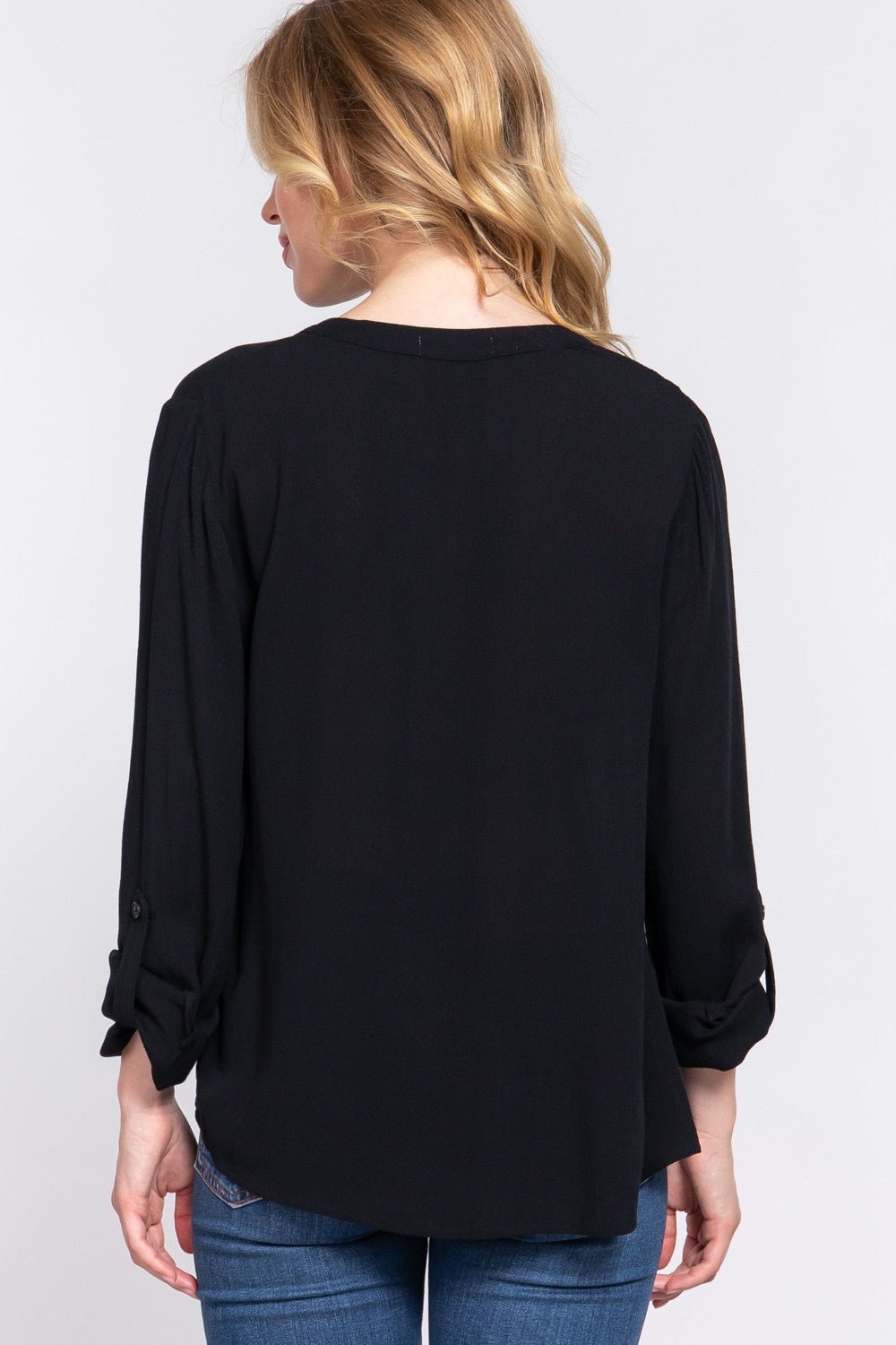 ACTIVE BASIC Full Size Notched Long Sleeve Woven Top - Top - Black - Bella Bourget