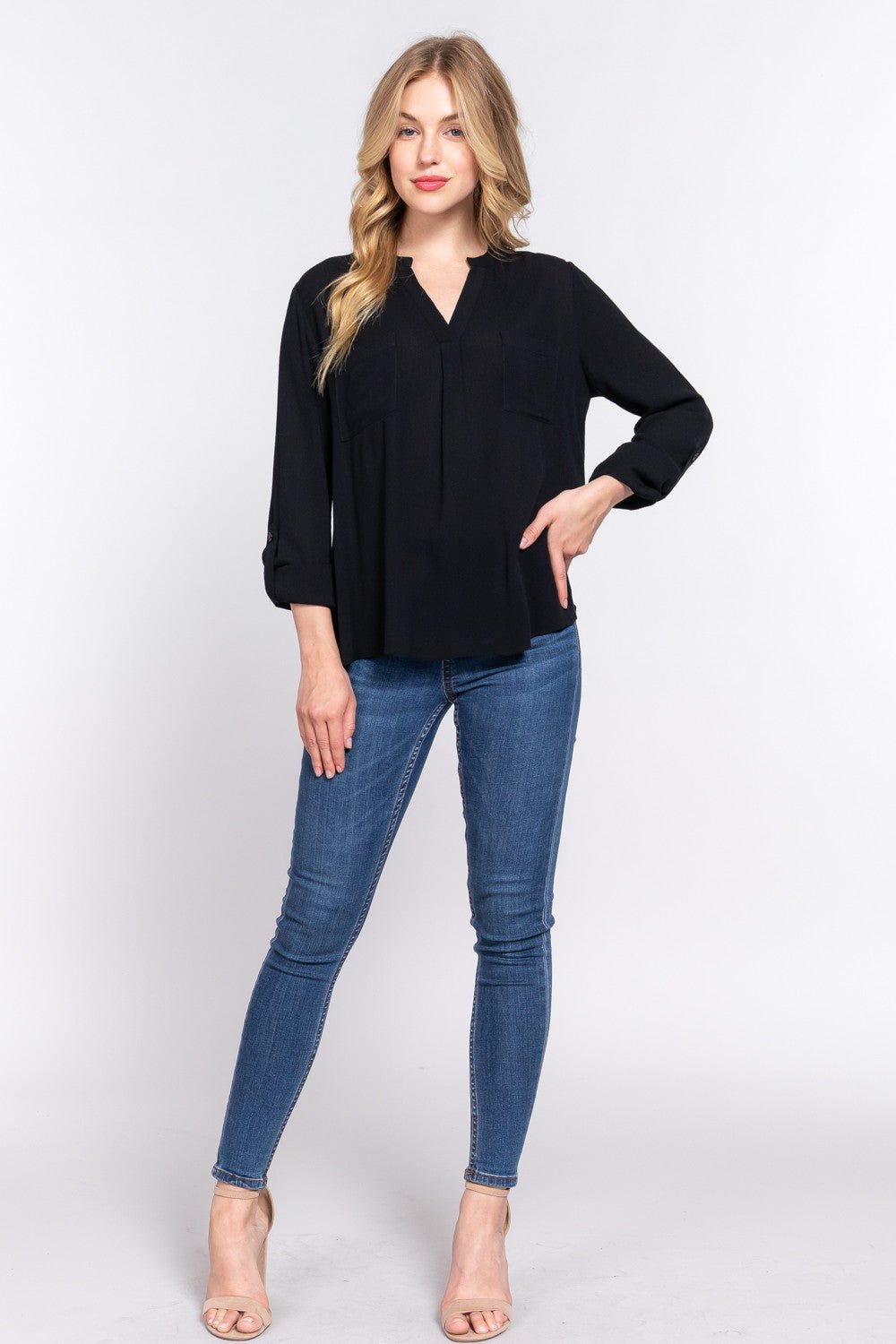 ACTIVE BASIC Full Size Notched Long Sleeve Woven Top - Top - Black - Bella Bourget