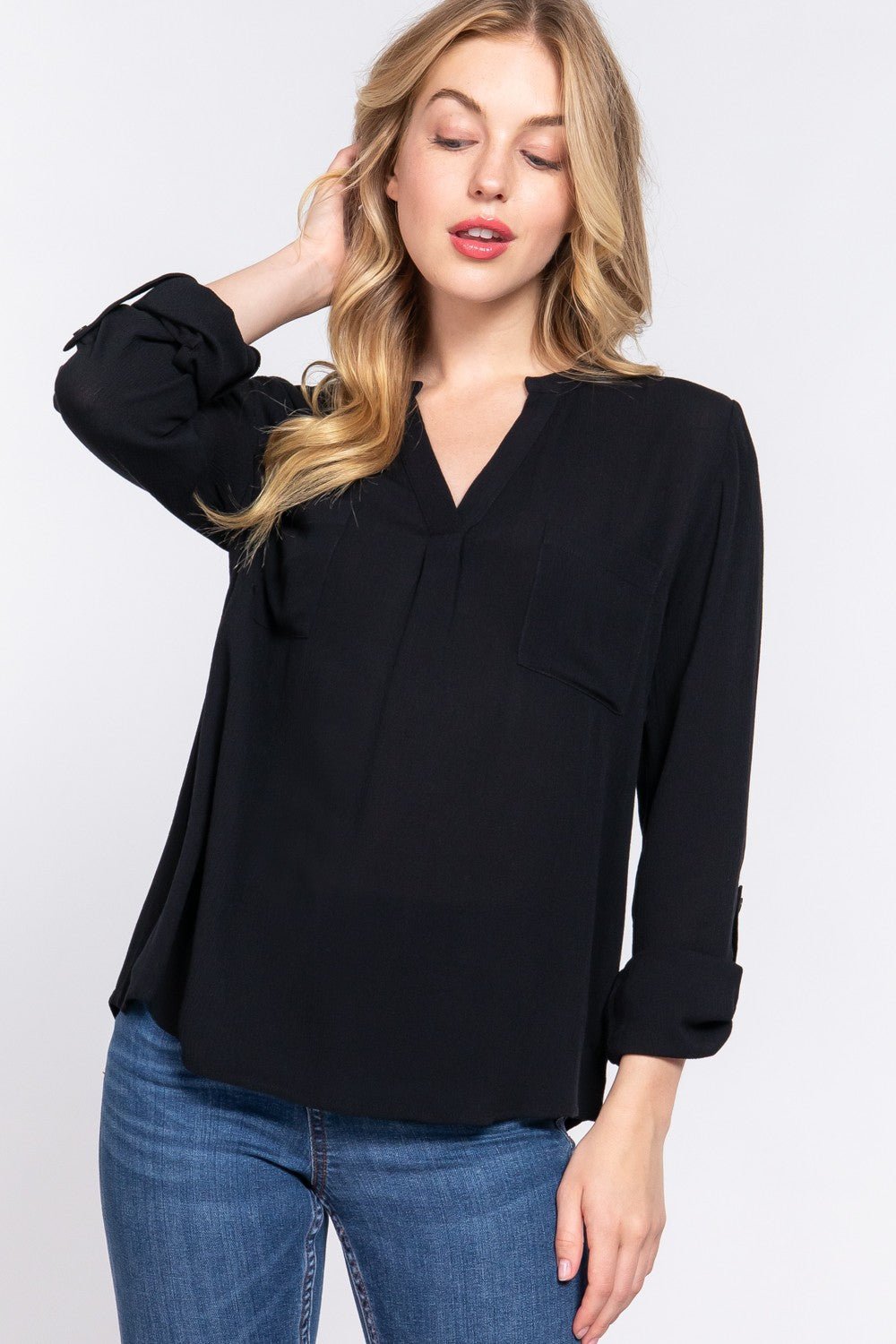 ACTIVE BASIC Full Size Notched Long Sleeve Woven Top - Top - Black - Bella Bourget