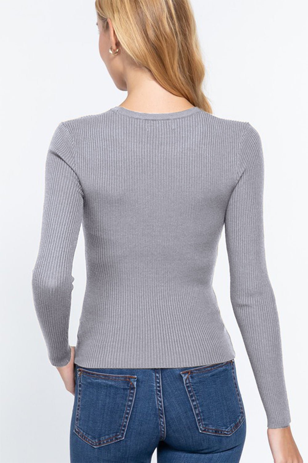 ACTIVE BASIC Full Size Ribbed Round Neck Long Sleeve Knit Top - Top - GREY - Bella Bourget