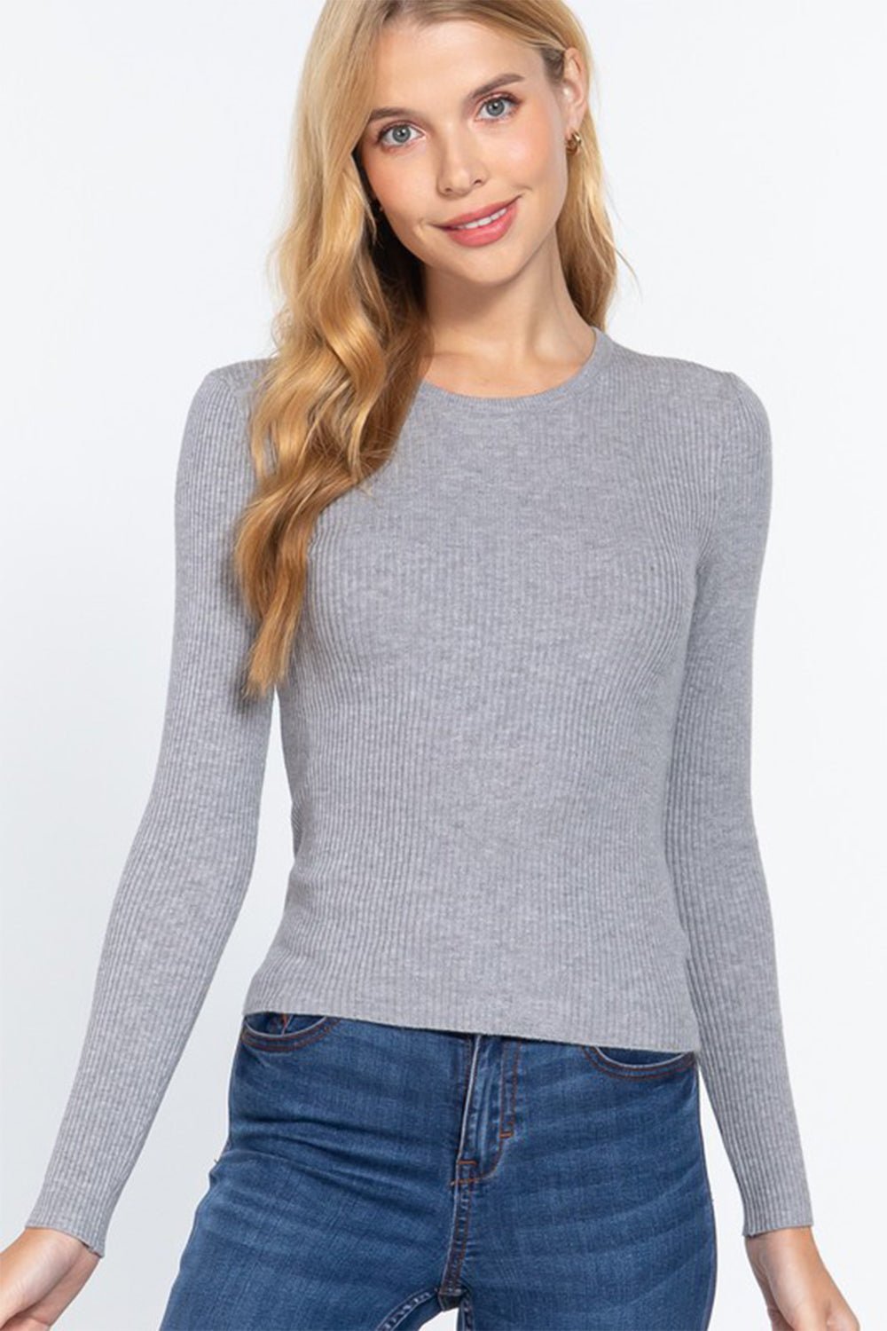 ACTIVE BASIC Full Size Ribbed Round Neck Long Sleeve Knit Top - Top - GREY - Bella Bourget