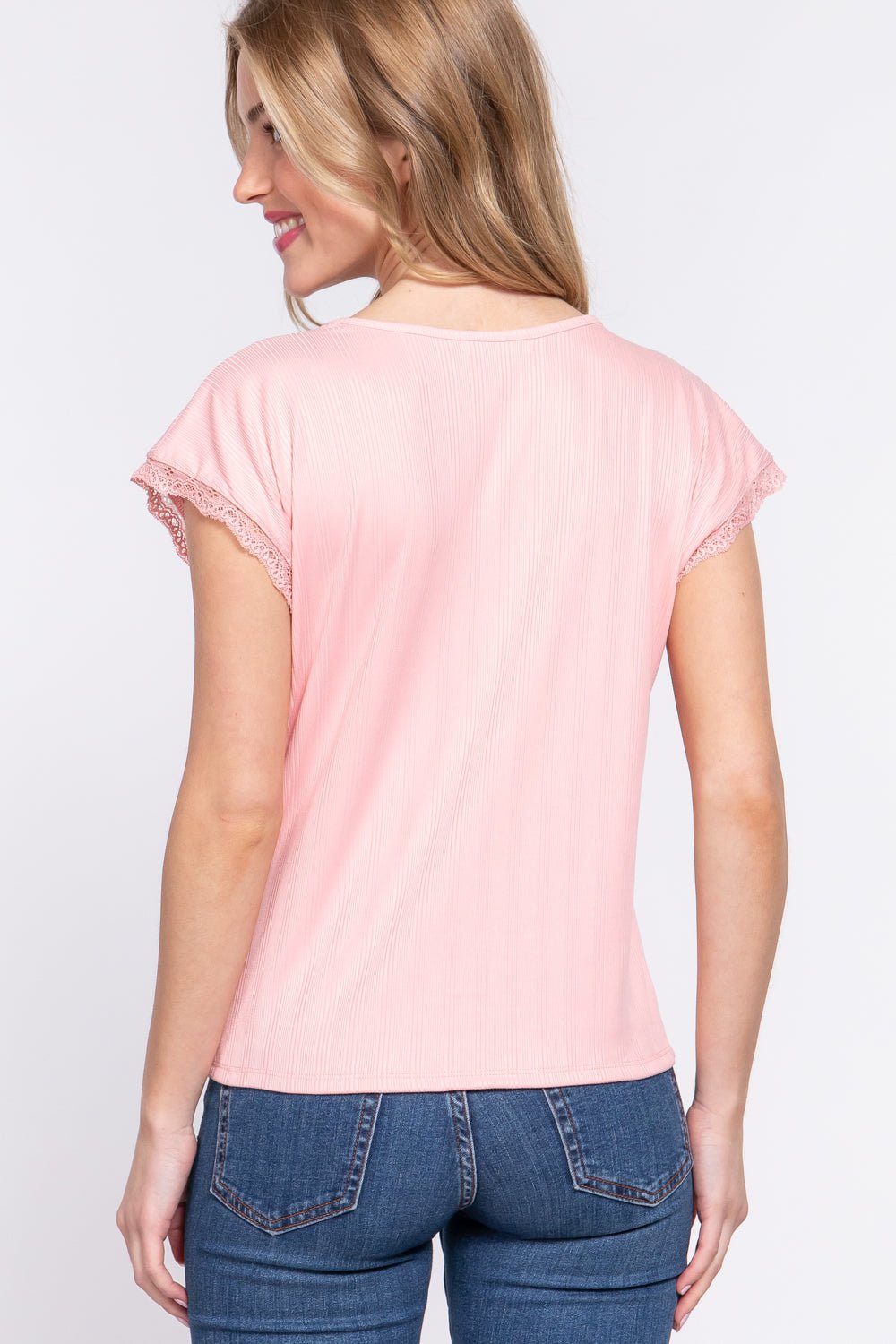 ACTIVE BASIC Lace Trim V - Neck Short Sleeve Ribbed Top - blouse - PINK - Bella Bourget