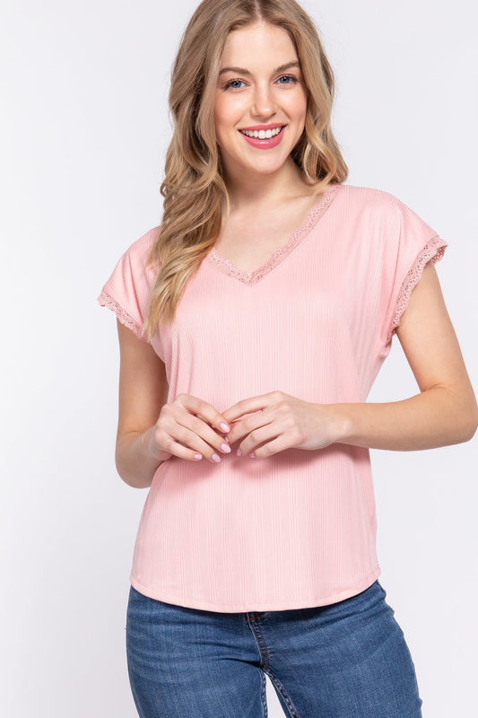 ACTIVE BASIC Lace Trim V - Neck Short Sleeve Ribbed Top - blouse - PINK - Bella Bourget