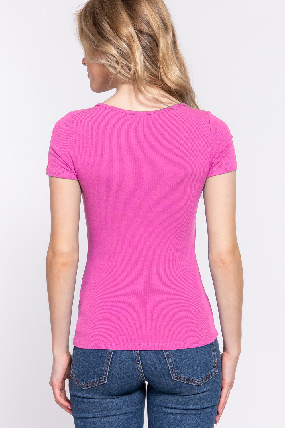 ACTIVE BASIC Lace Up Short Sleeve Rib Knit T - Shirt - Top - WILDPINK - Bella Bourget