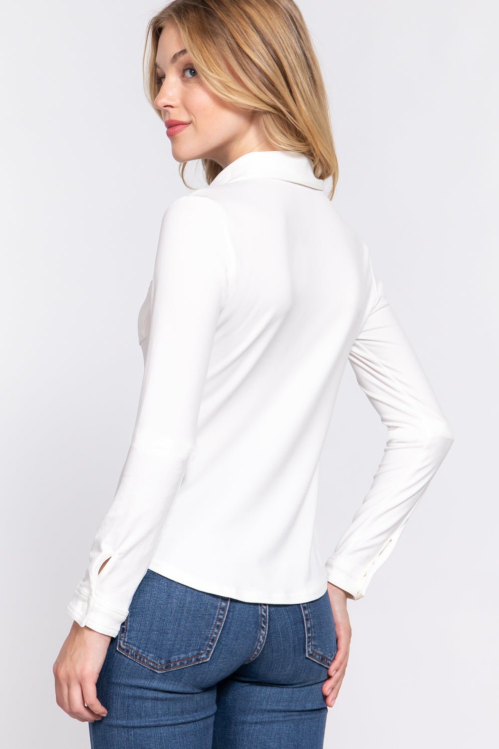 ACTIVE BASIC Long Sleeve Front Pocket DTY Brushed Shirt - Top - White - Bella Bourget