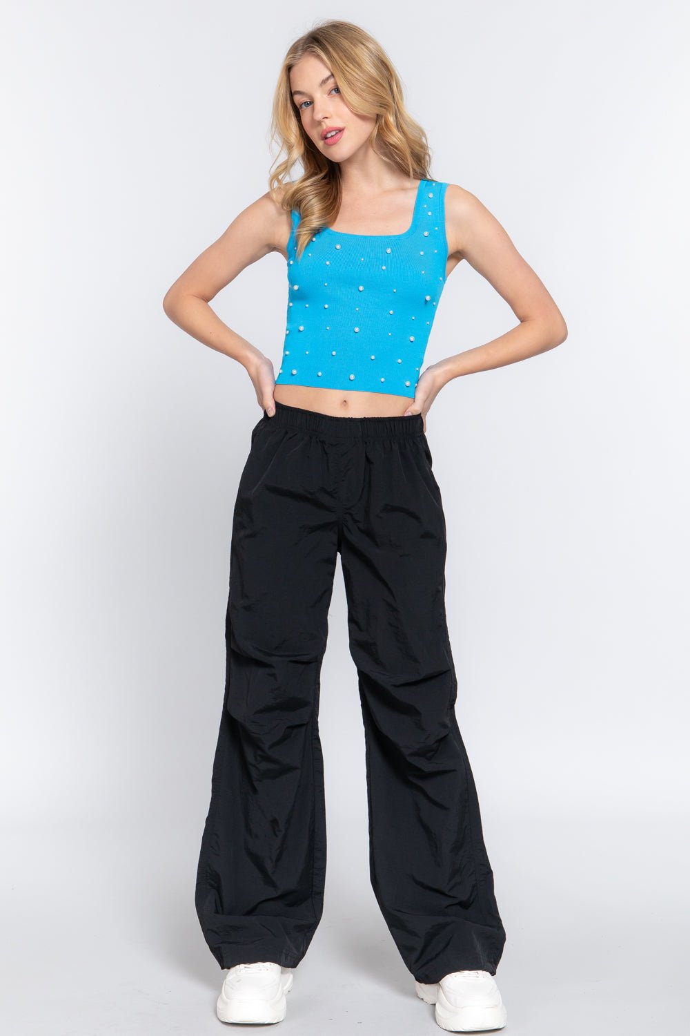 ACTIVE BASIC Pearl Detail Square Neck Cropped Tank - Top - Aquablue - Bella Bourget