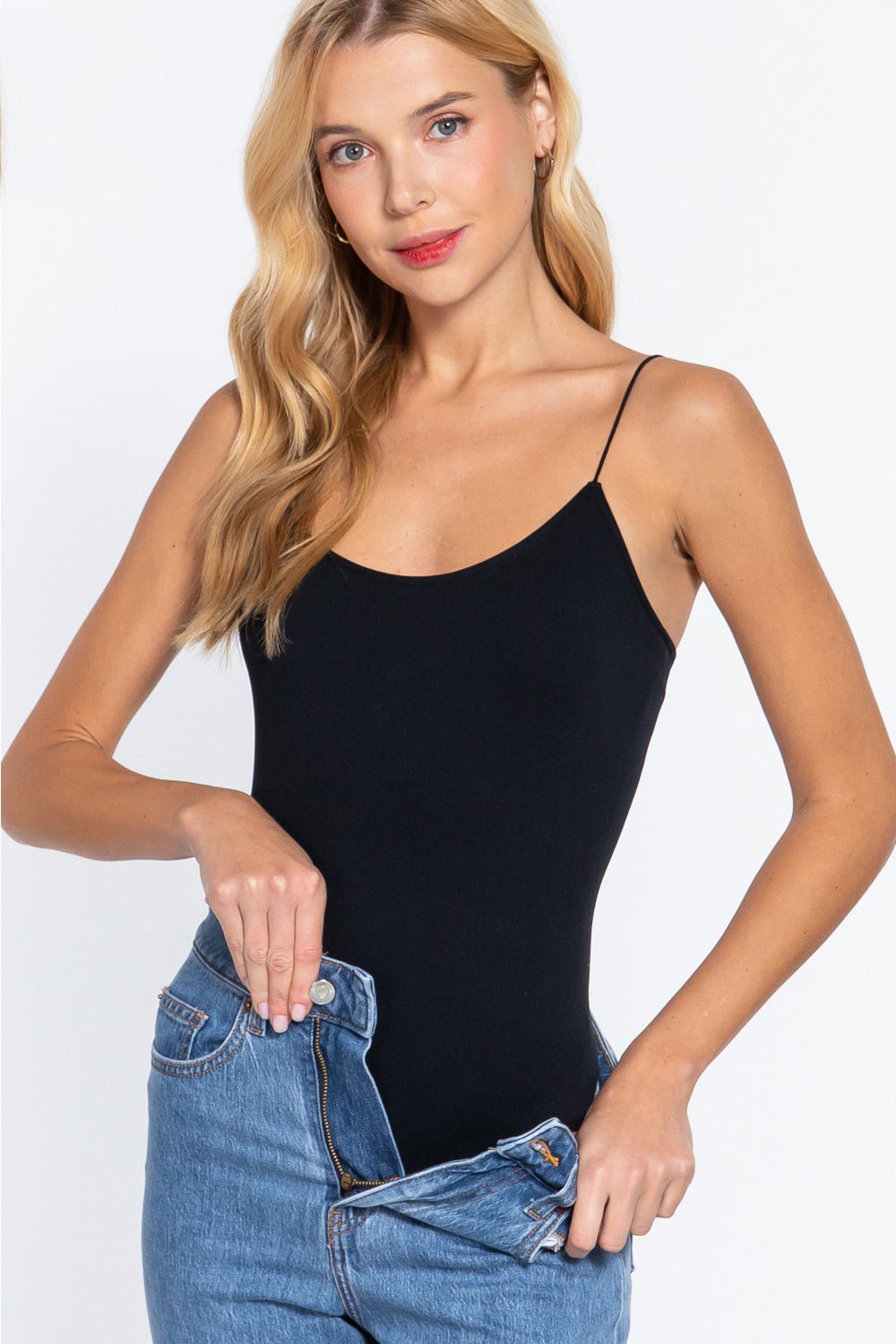 ACTIVE BASIC Ribbed Round Neck Seamless Cami Bodysuit - Bodysuit - Black - Bella Bourget