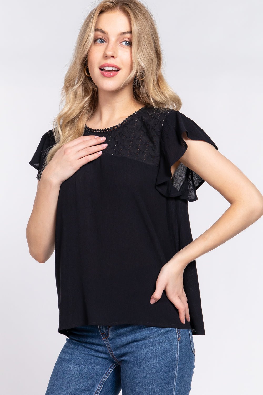 ACTIVE BASIC Ruffle Short Sleeve Crochet Blouse - blouse - Black - Bella Bourget