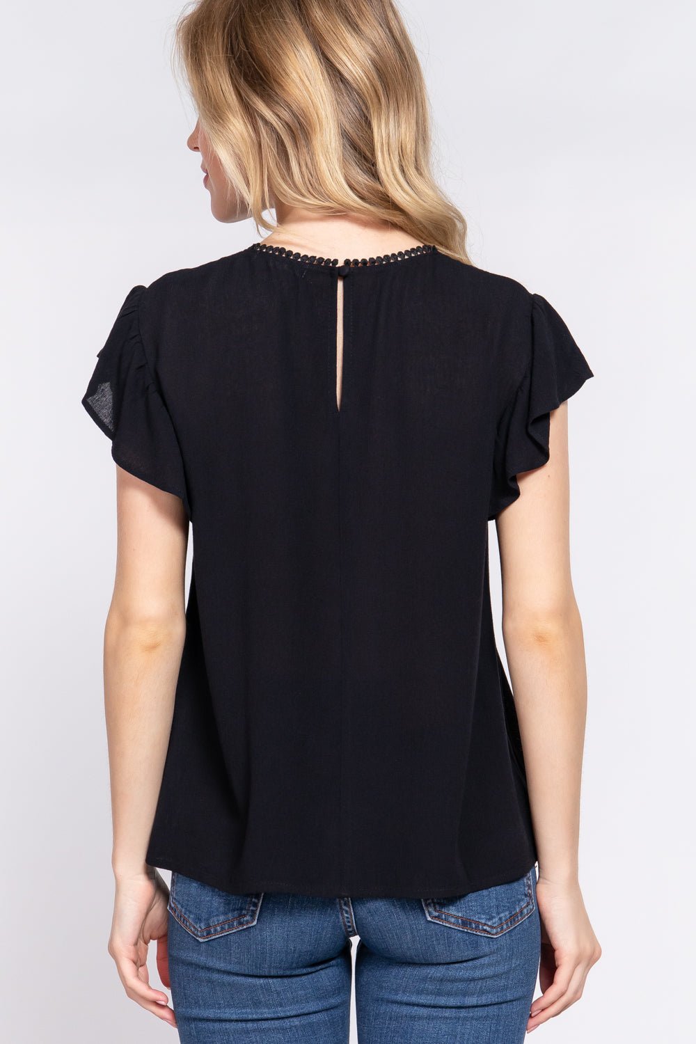 ACTIVE BASIC Ruffle Short Sleeve Crochet Blouse - blouse - Black - Bella Bourget