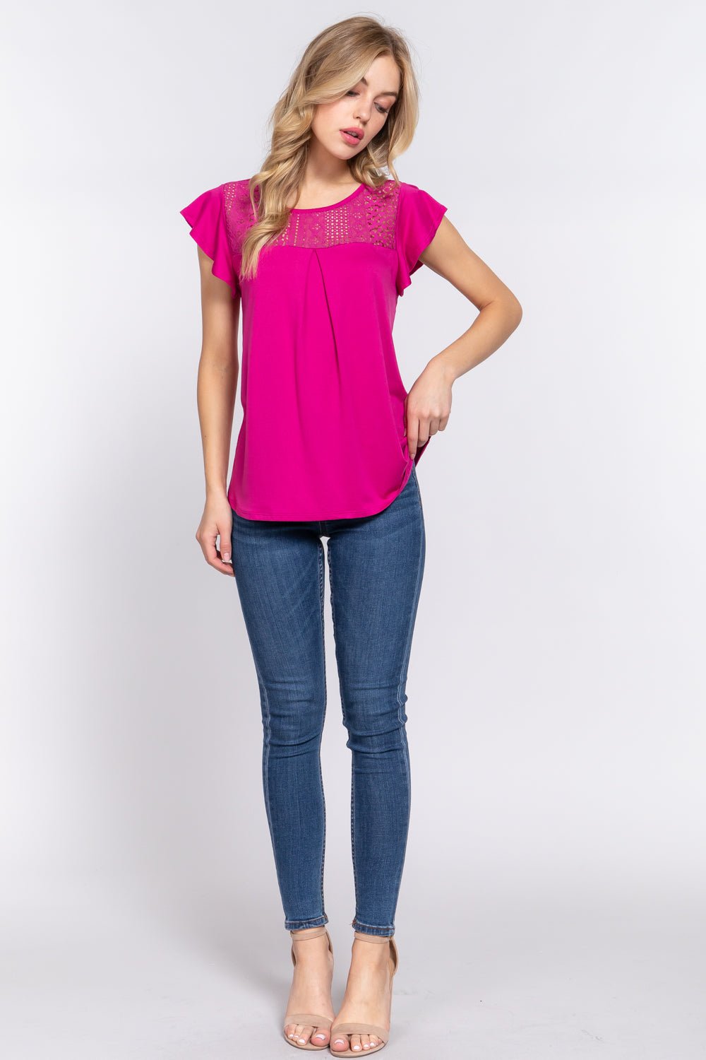 ACTIVE BASIC Ruffle Short Sleeve Lace Detail Knit Top - blouse - MAGENTA - Bella Bourget