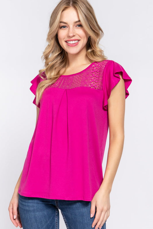 ACTIVE BASIC Ruffle Short Sleeve Lace Detail Knit Top - blouse - MAGENTA - Bella Bourget