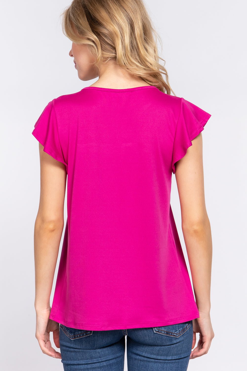 ACTIVE BASIC Ruffle Short Sleeve Lace Detail Knit Top - blouse - MAGENTA - Bella Bourget