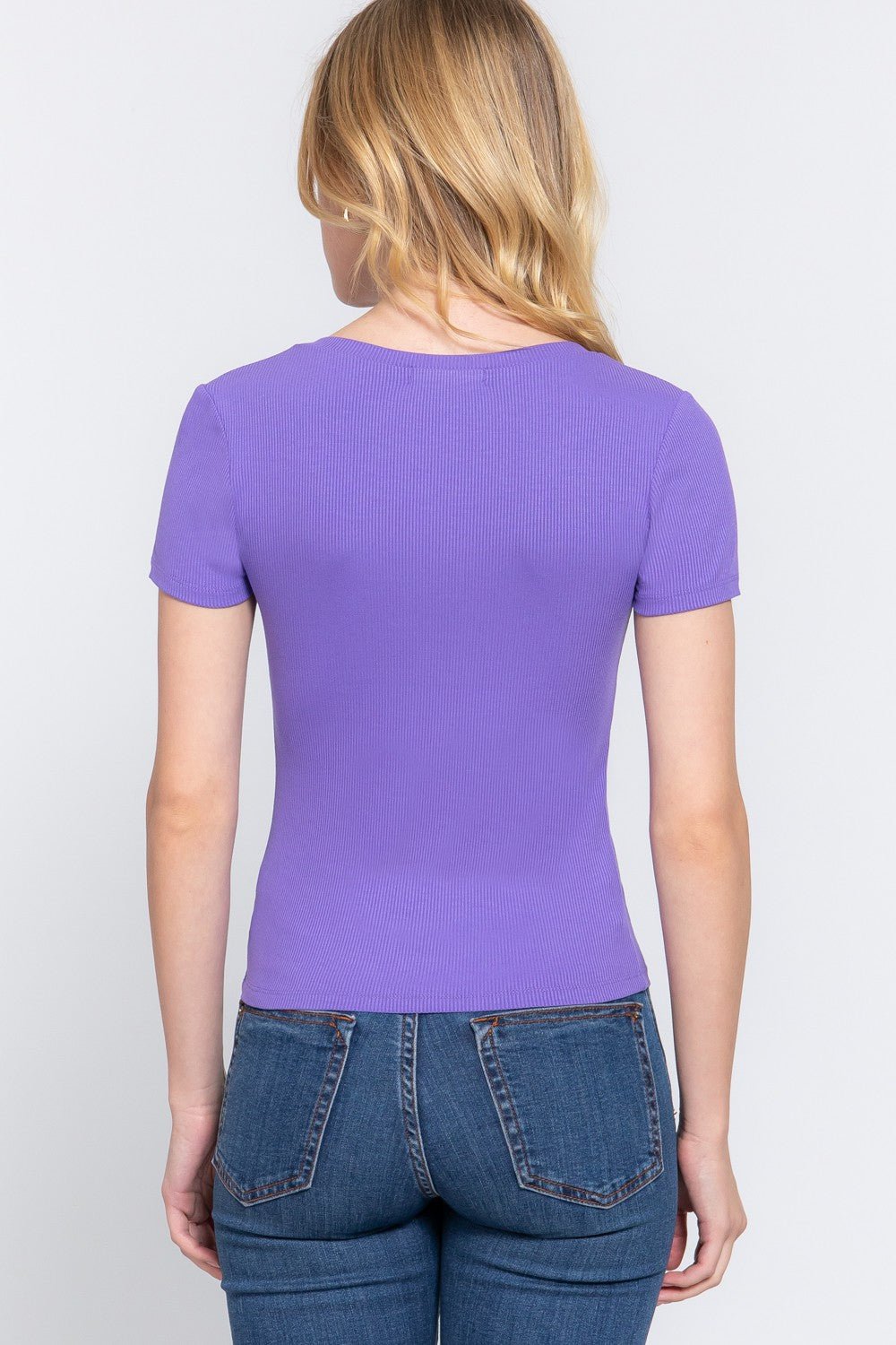 ACTIVE BASIC V - Neck Ribbed Short Sleeve Knit T - Shirt - Top - PURPLE - Bella Bourget