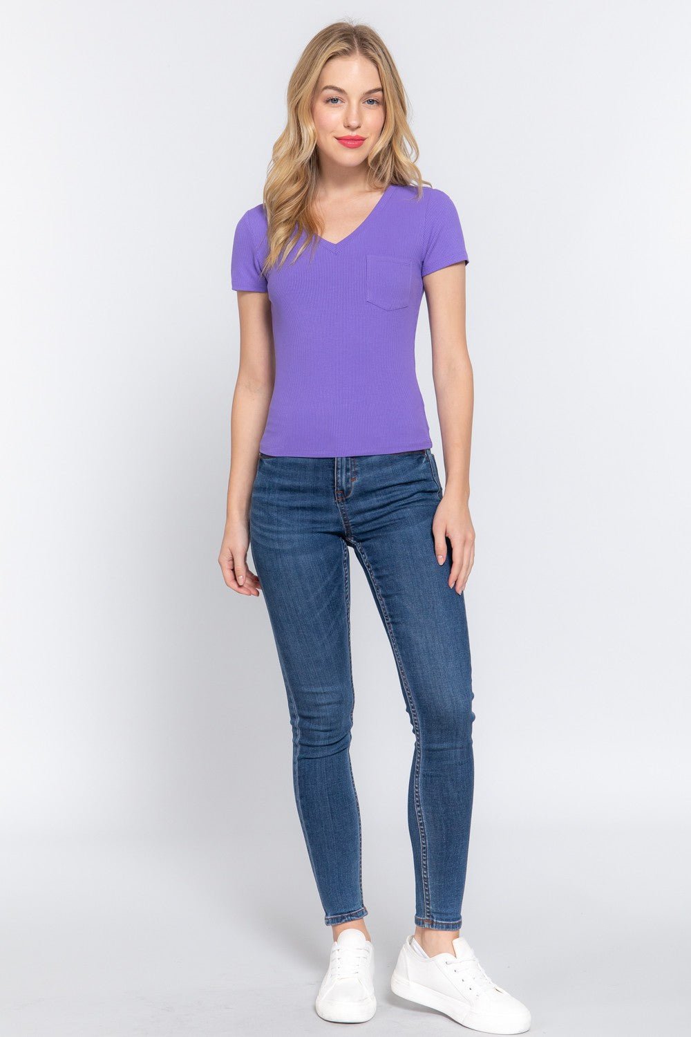 ACTIVE BASIC V - Neck Ribbed Short Sleeve Knit T - Shirt - Top - PURPLE - Bella Bourget