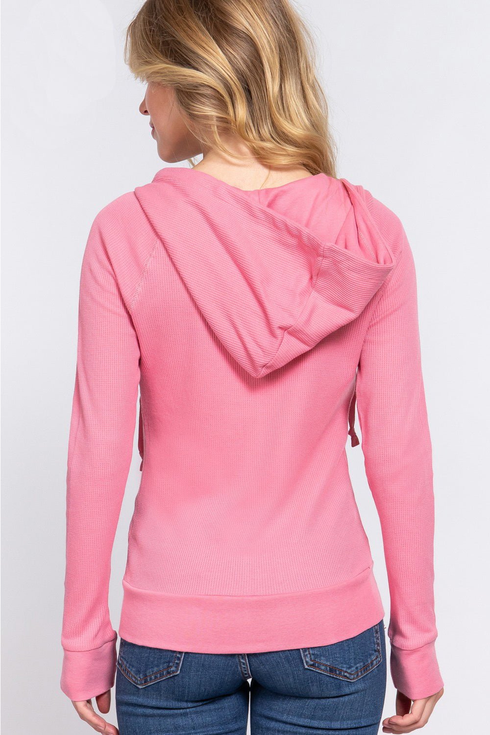 ACTIVE BASIC Waffle Knit Drawstring Zip Up Long Sleeve Hoodie - Hoodie - DEEP PINK - Bella Bourget