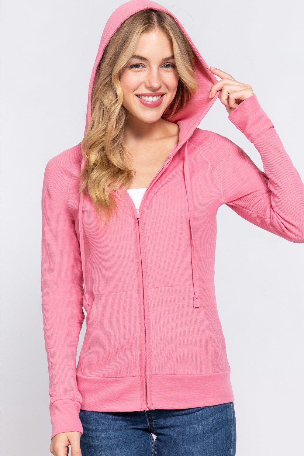 ACTIVE BASIC Waffle Knit Drawstring Zip Up Long Sleeve Hoodie - Hoodie - DEEP PINK - Bella Bourget