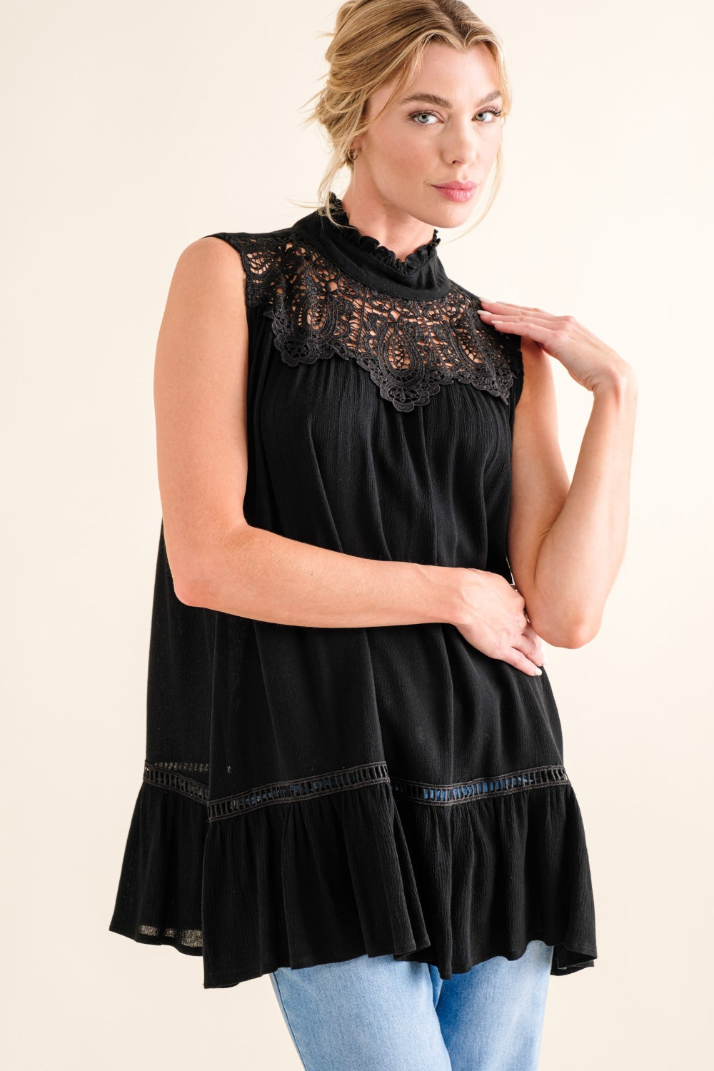 And The Why Lace Detail Sleeveless Ruffled Top - Top - Black - Bella Bourget