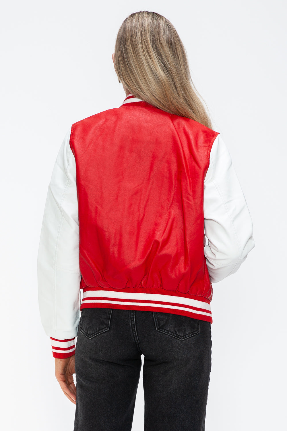 Love Me Now Faux Leather Contrast Snap Down Bomber Jacket