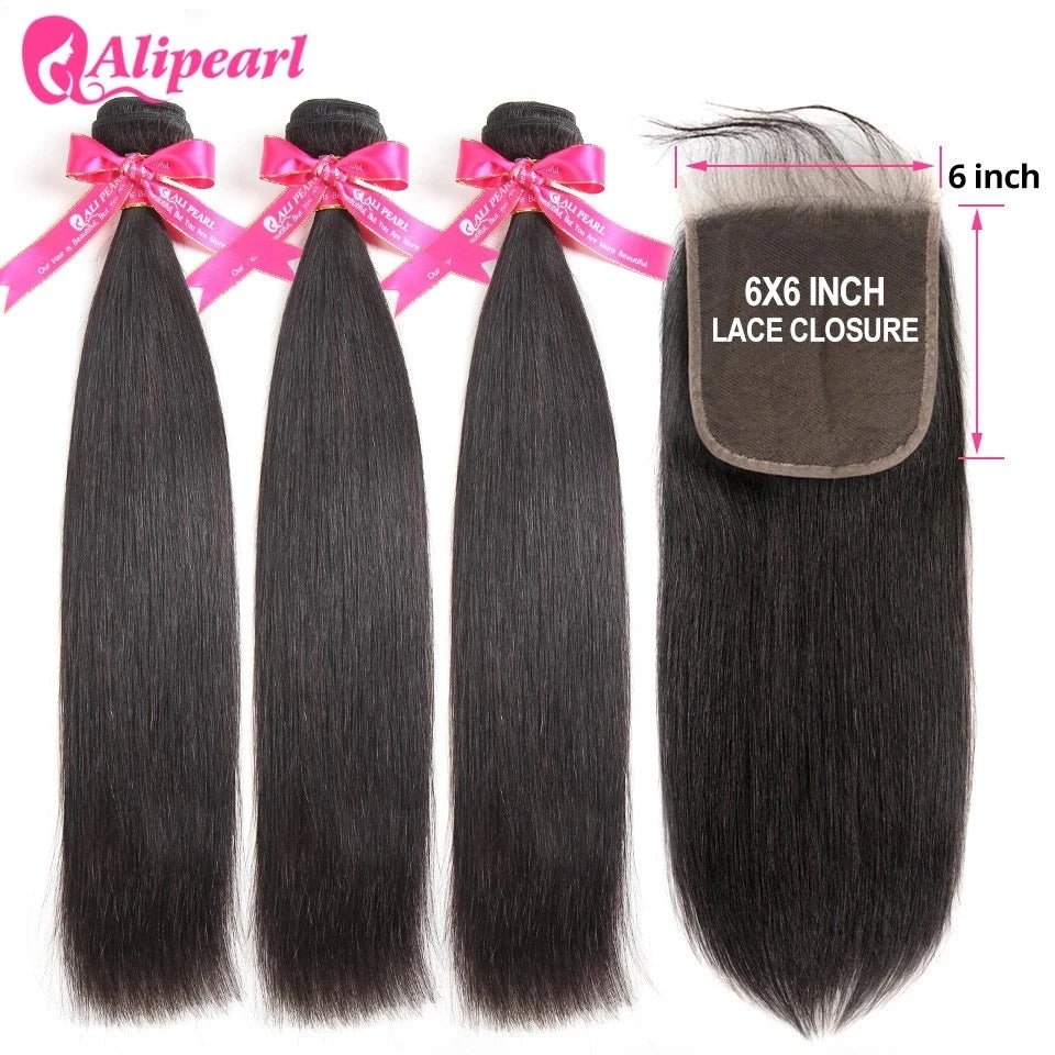 Alipearl Hair Straight Human Hair Bundles with 6X6 Closure Brazilian Human Hair Weave 3 Bundles with Transparent Lace Closure - 1B - Bella Bourget