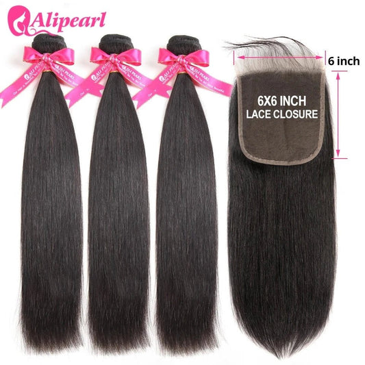 Alipearl Hair Straight Human Hair Bundles with 6X6 Closure Brazilian Human Hair Weave 3 Bundles with Transparent Lace Closure - 1B - Bella Bourget