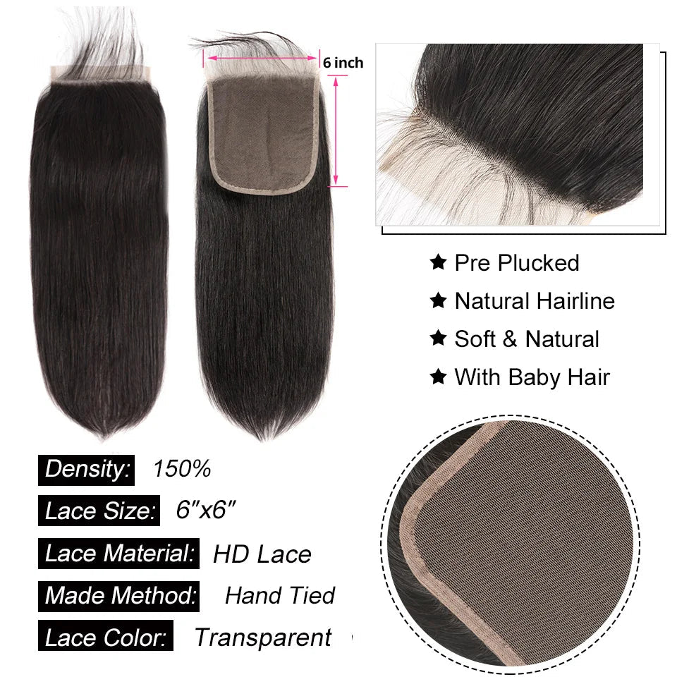 Alipearl Hair Straight Human Hair Bundles with 6X6 Closure Brazilian Human Hair Weave 3 Bundles with Transparent Lace Closure - 1B - Bella Bourget