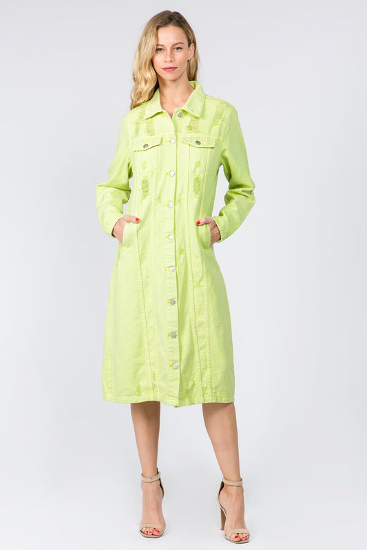 American Bazi Button Up Distressed Denim Dress - Dress - Lime - Bella Bourget