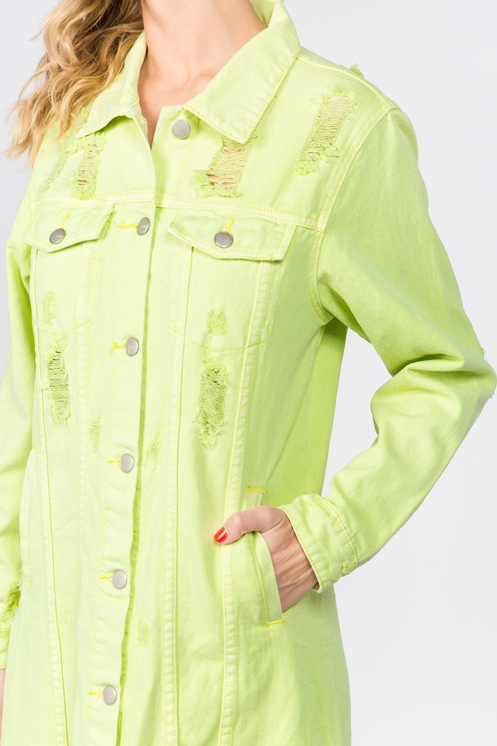 American Bazi Button Up Distressed Denim Dress - Dress - Lime - Bella Bourget