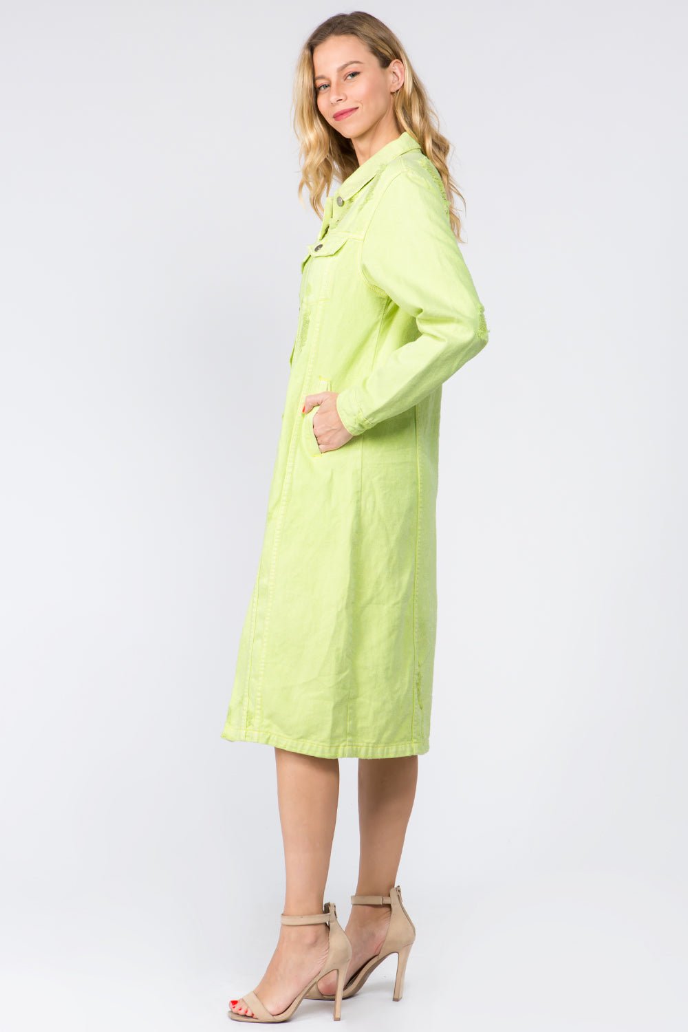 American Bazi Button Up Distressed Denim Dress - Dress - Lime - Bella Bourget