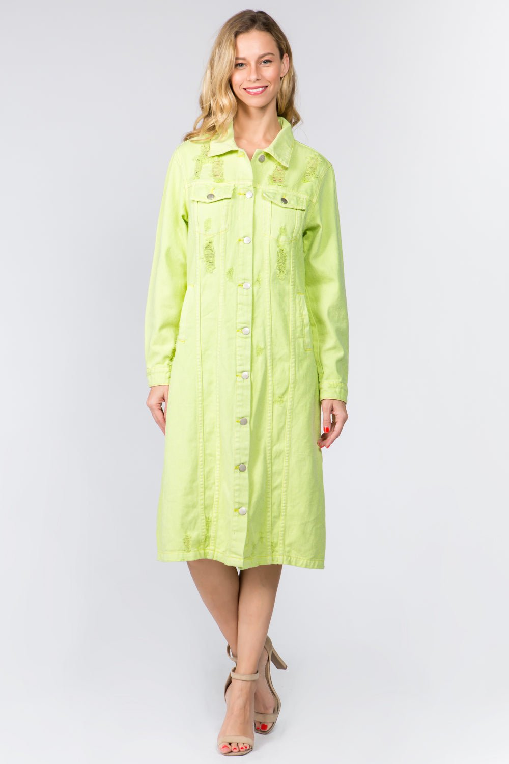 American Bazi Button Up Distressed Denim Dress - Dress - Lime - Bella Bourget