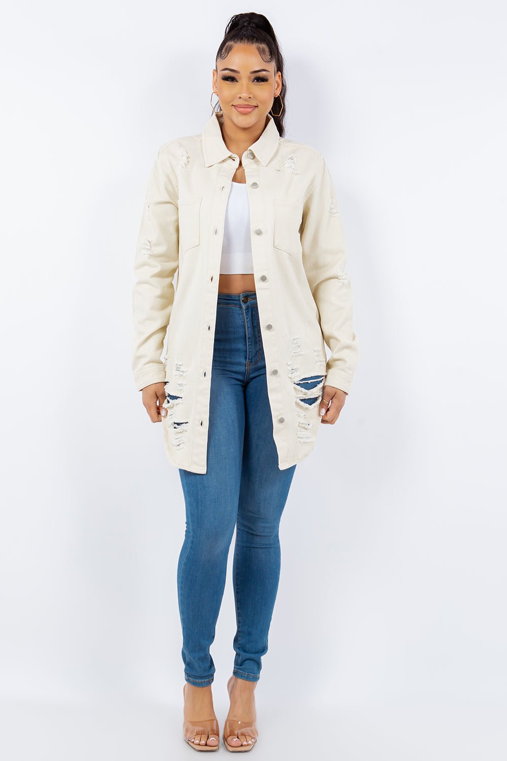 American Bazi Distressed Button Up Long Sleeve Denim Jacket - Jacket - Ivory - Bella Bourget