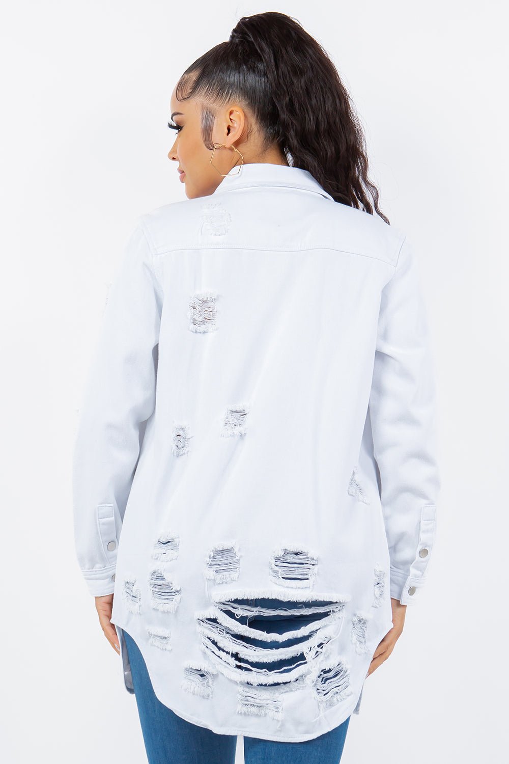 American Bazi Distressed Button Up Long Sleeve Denim Jacket - Denim Jacket - White - Bella Bourget