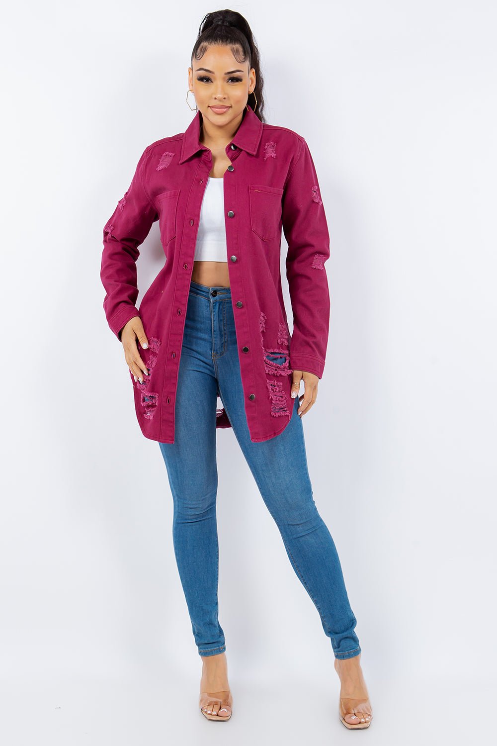 American Bazi Distressed Button Up Long Sleeve Denim Jacket - Denim Jacket - Deep Purple - Bella Bourget