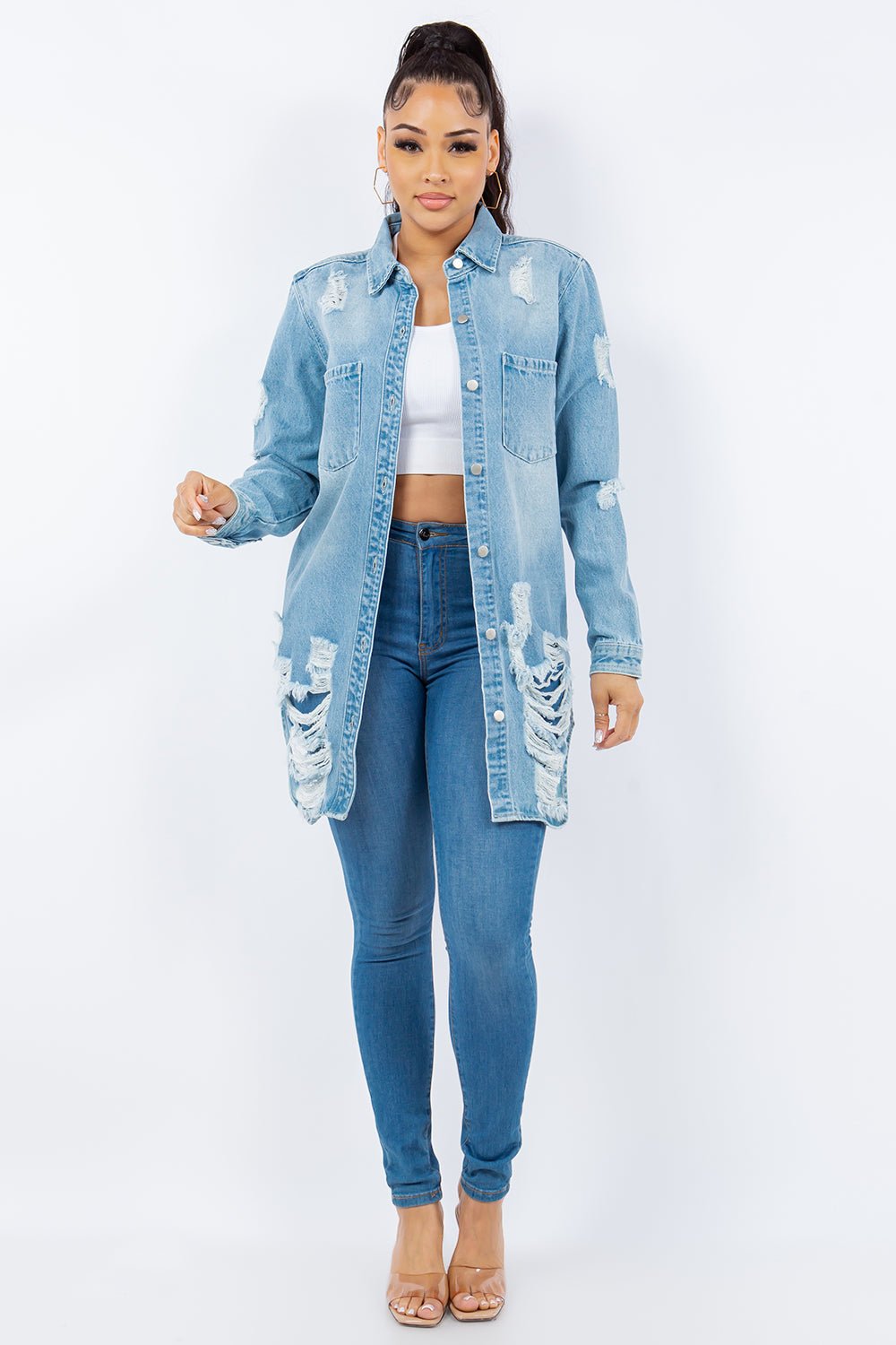 American Bazi Distressed Button Up Long Sleeve Denim Jacket - Denim Jacket - Lt Blue - Bella Bourget