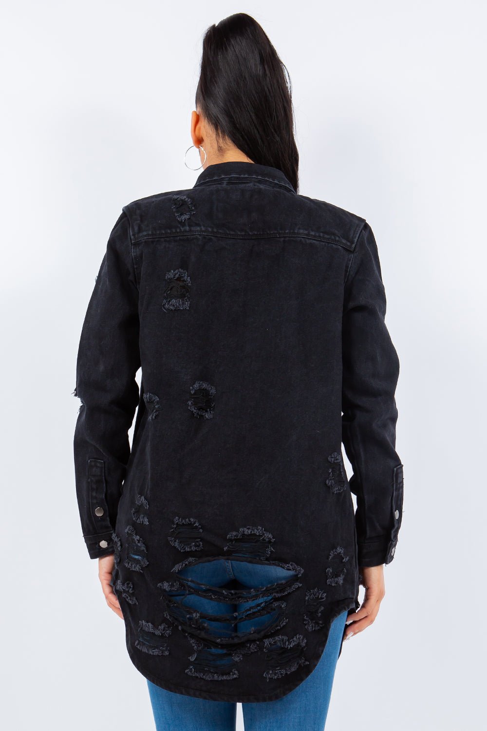 American Bazi Distressed Button Up Long Sleeve Denim Jacket - Denim Jacket - Black - Bella Bourget