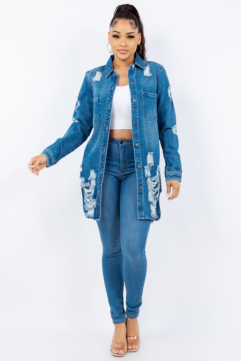 American Bazi Distressed Button Up Long Sleeve Denim Jacket - Denim Jacket - M Blue - Bella Bourget