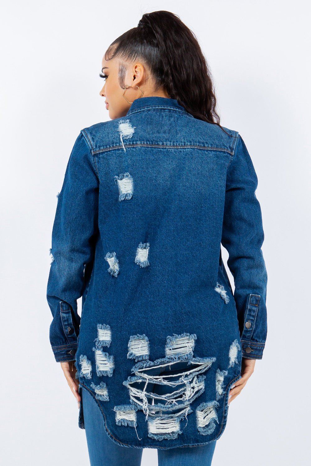 American Bazi Distressed Button Up Long Sleeve Denim Jacket - Denim Jacket - Blue - Bella Bourget