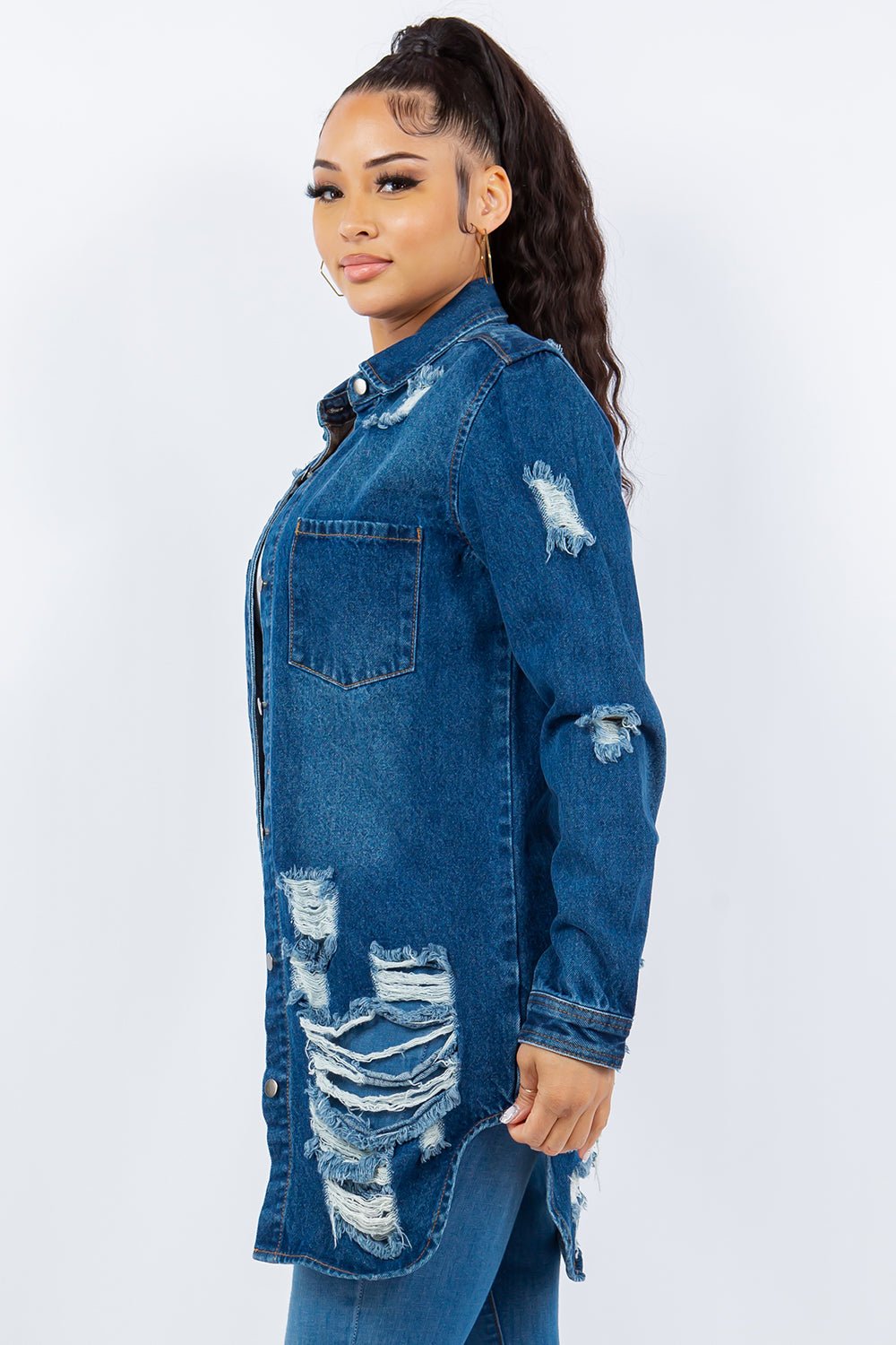 American Bazi Distressed Button Up Long Sleeve Denim Jacket - Denim Jacket - Blue - Bella Bourget