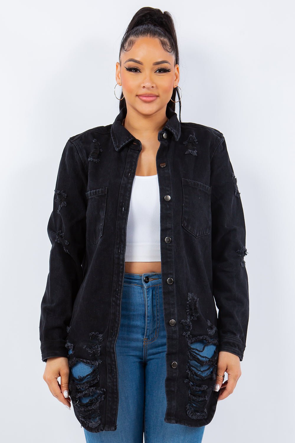 American Bazi Distressed Button Up Long Sleeve Denim Jacket - Denim Jacket - Black - Bella Bourget