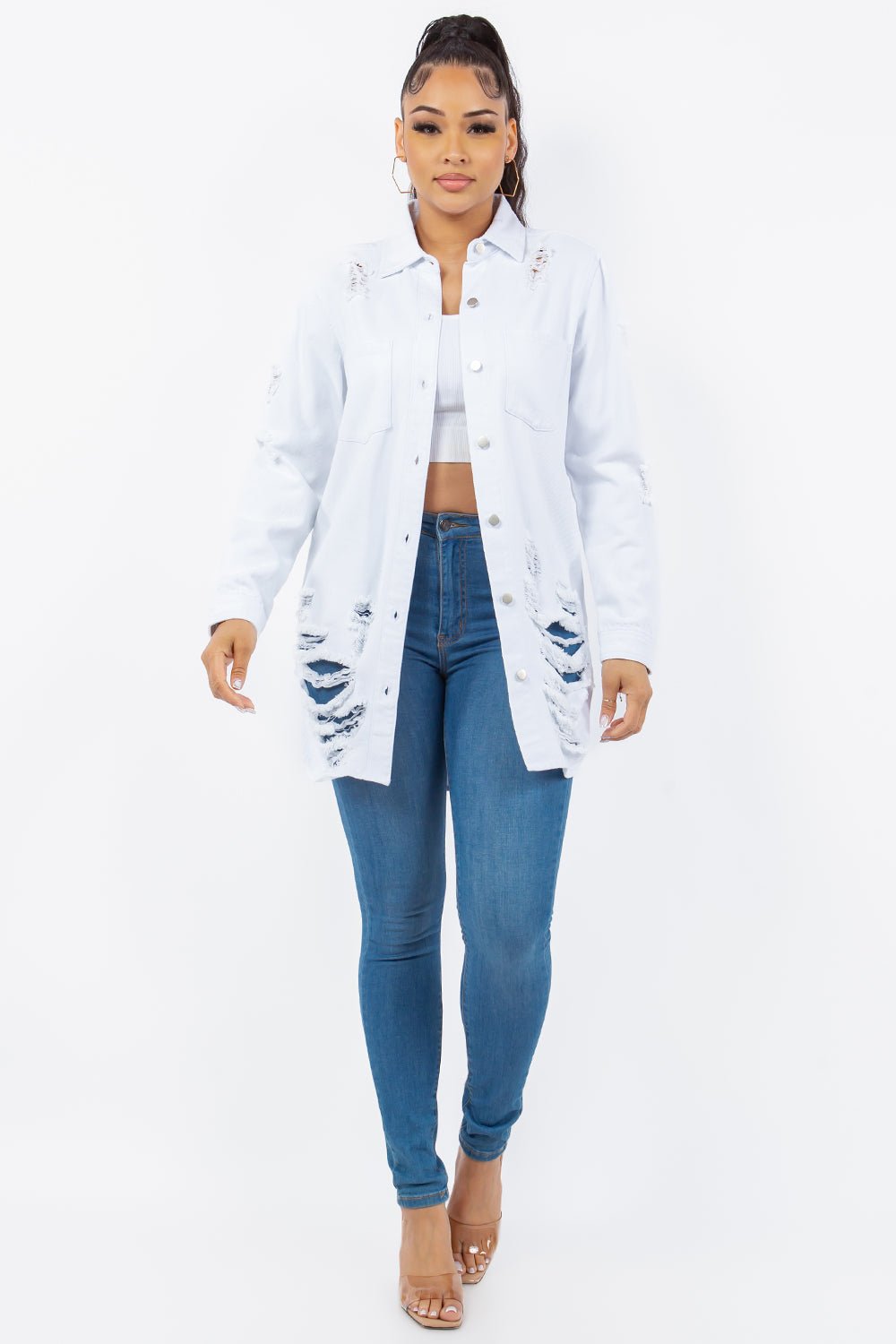 American Bazi Distressed Button Up Long Sleeve Denim Jacket - Denim Jacket - White - Bella Bourget