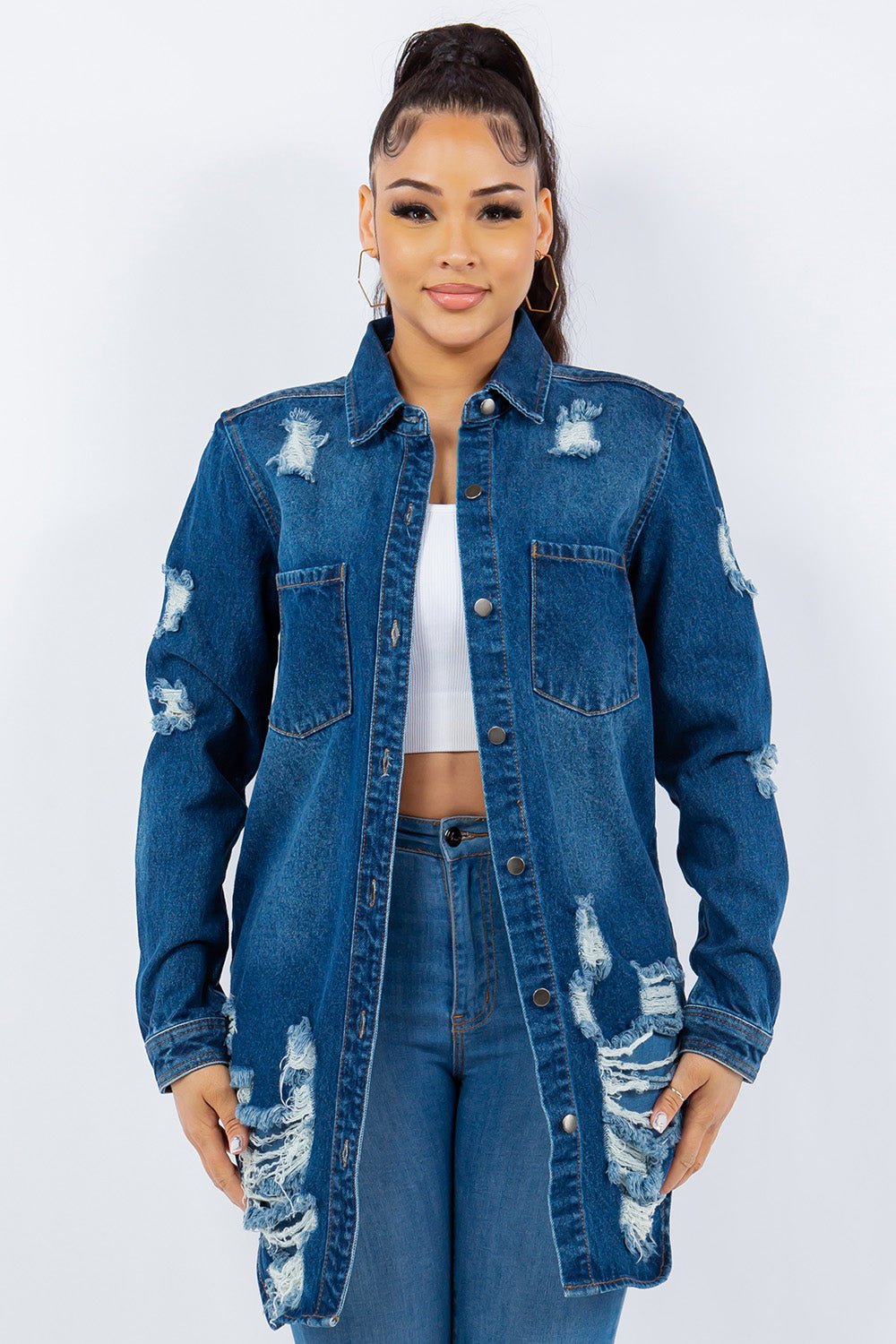 American Bazi Distressed Button Up Long Sleeve Denim Jacket - Denim Jacket - Blue - Bella Bourget