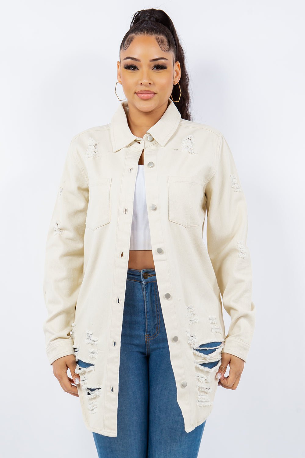 American Bazi Distressed Button Up Long Sleeve Denim Jacket - Jacket - Ivory - Bella Bourget