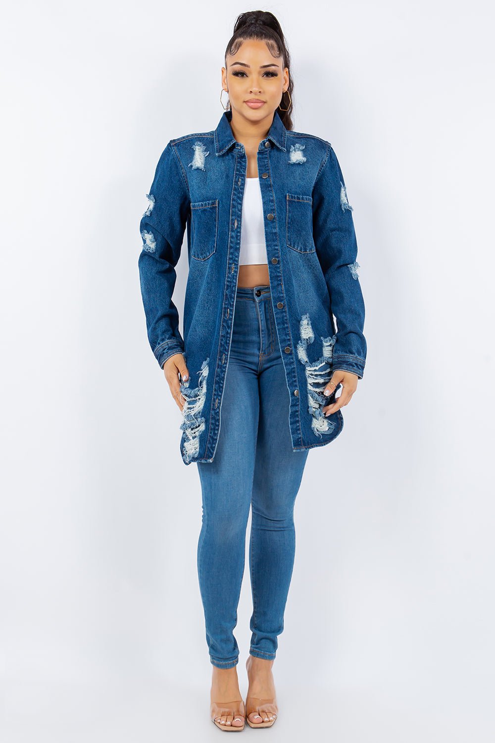 American Bazi Distressed Button Up Long Sleeve Denim Jacket - Denim Jacket - Blue - Bella Bourget