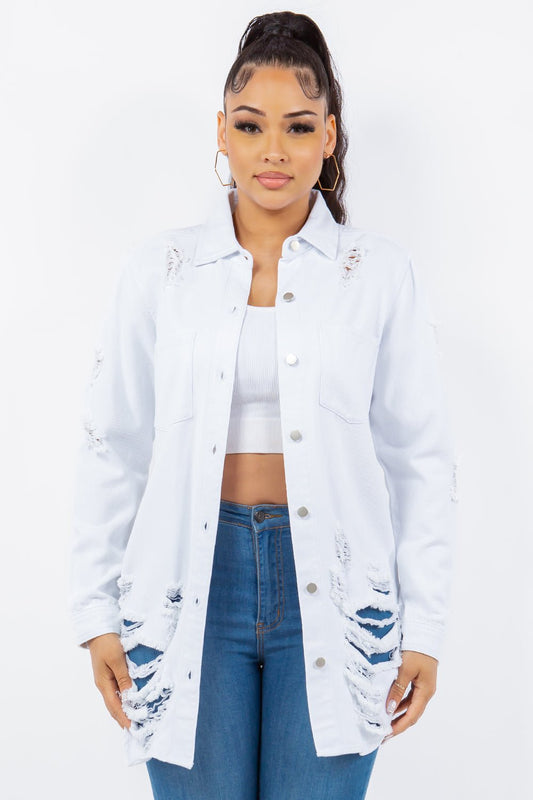 American Bazi Distressed Button Up Long Sleeve Denim Jacket - Denim Jacket - White - Bella Bourget