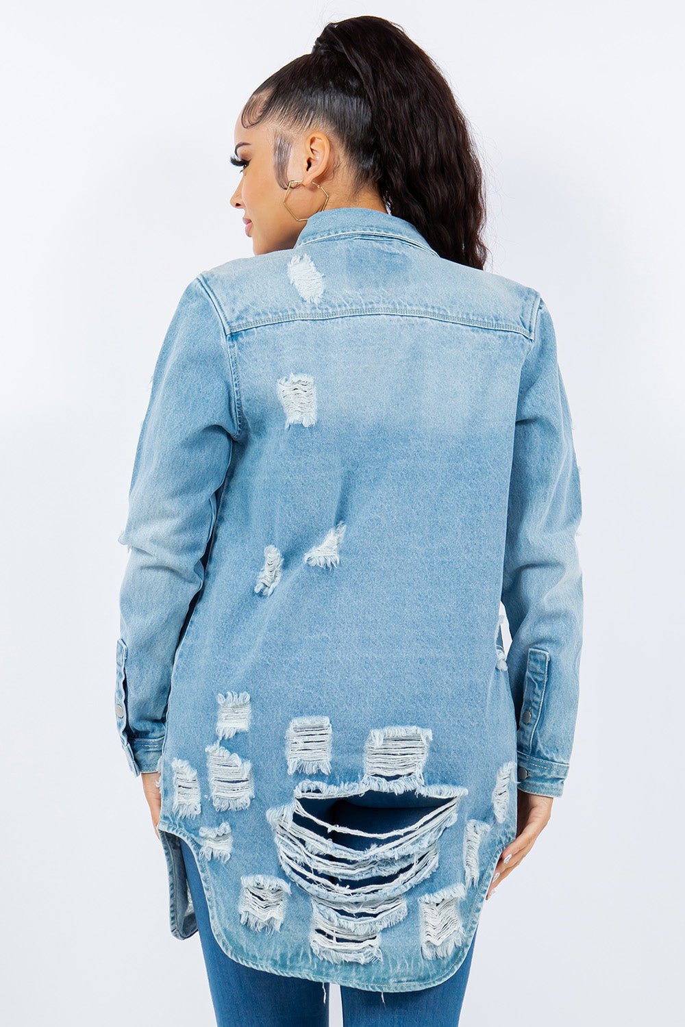 American Bazi Distressed Button Up Long Sleeve Denim Jacket - Denim Jacket - Lt Blue - Bella Bourget