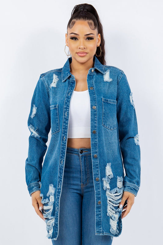 American Bazi Distressed Button Up Long Sleeve Denim Jacket - Denim Jacket - M Blue - Bella Bourget