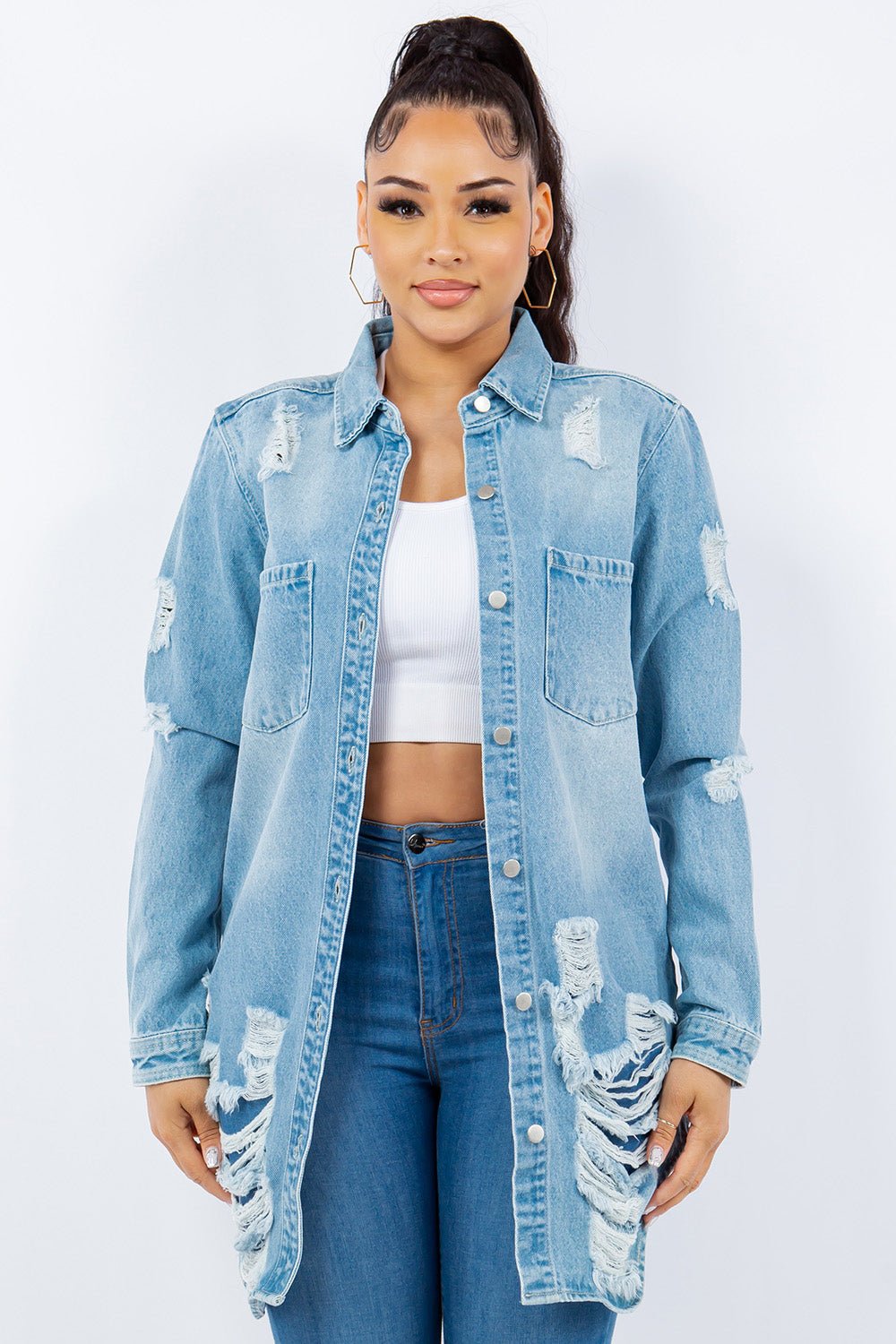 American Bazi Distressed Button Up Long Sleeve Denim Jacket - Denim Jacket - Lt Blue - Bella Bourget