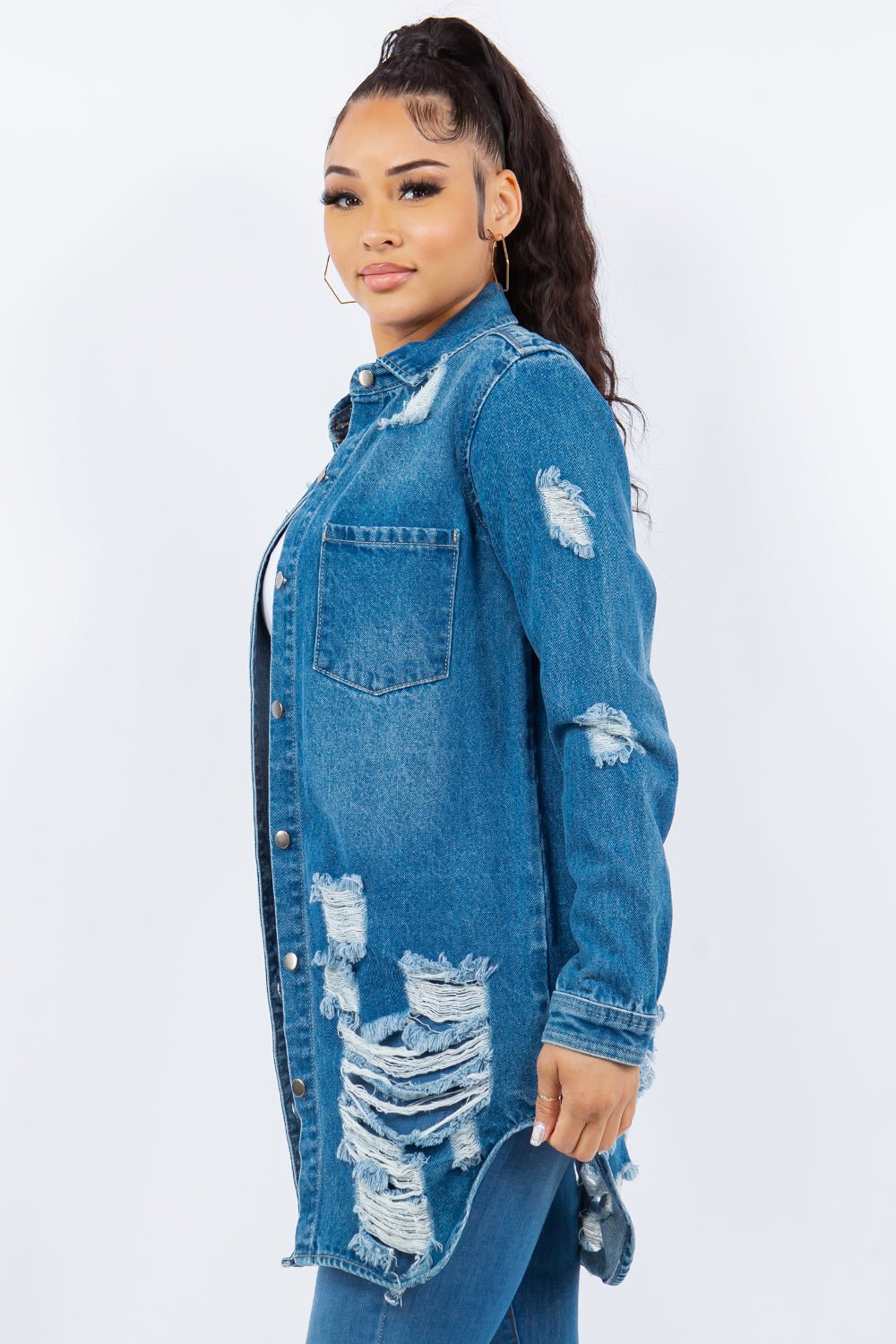 American Bazi Distressed Button Up Long Sleeve Denim Jacket - Denim Jacket - M Blue - Bella Bourget