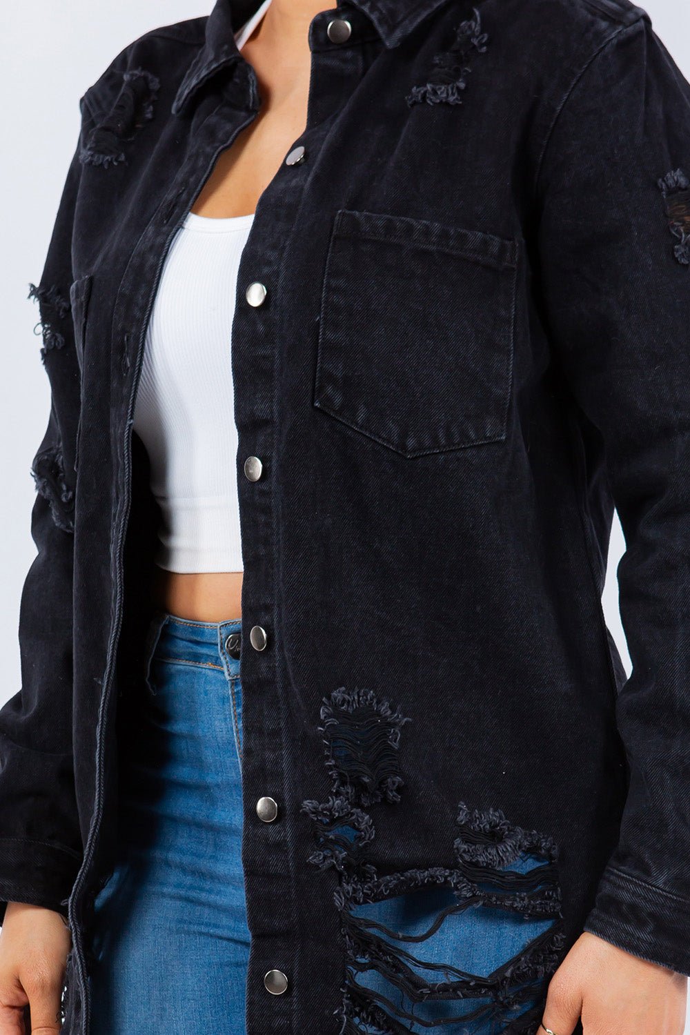 American Bazi Distressed Button Up Long Sleeve Denim Jacket - Denim Jacket - Black - Bella Bourget