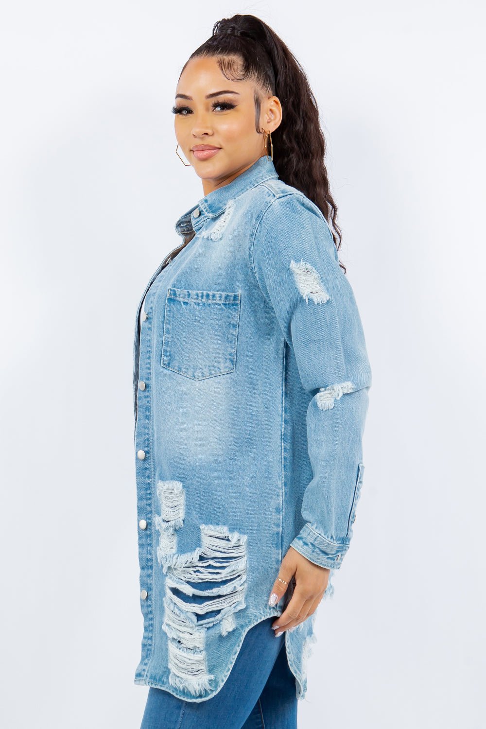 American Bazi Distressed Button Up Long Sleeve Denim Jacket - Denim Jacket - Lt Blue - Bella Bourget